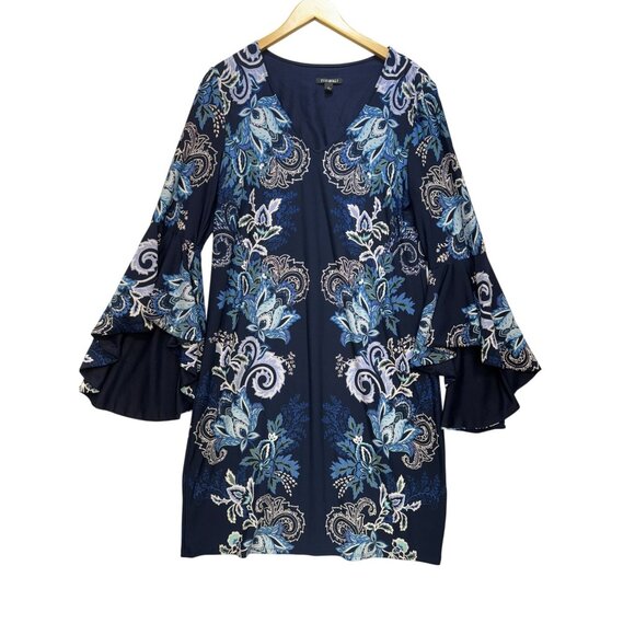 Roz & Ali Womens Evening Party Sheath Dress Size L Blue Floral Bell Sleeve Boho - Picture 1 of 13